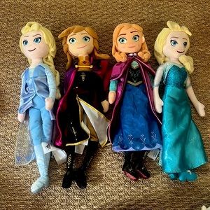 Lot of 4 Disney plush dolls, Including Elsa and Anna from Both Frozen 1 and 2.